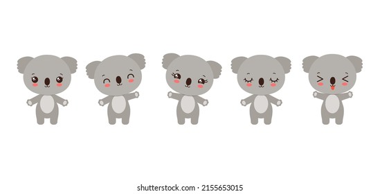 Cute kawaii koala bear emoji icons. Adorable little koala cartoon character showing various emotions - cheerful, happy, calm, smiling, laughing, wawing hand paw.