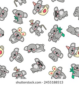 Cute kawaii koala bear. Seamless pattern. Australian animals cartoon character. Hand drawn style. Vector drawing. Design ornaments.