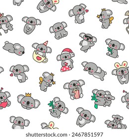 Cute kawaii koala bear. Seamless pattern. Australian animals cartoon character. Hand drawn style. Vector drawing. Design ornaments.