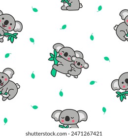 Cute kawaii koala bear. Seamless pattern. Australian animals cartoon character. Hand drawn style. Vector drawing. Design ornaments.