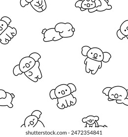 Cute kawaii koala bear. Seamless pattern. Coloring Page. Australian animals cartoon character. Hand drawn style. Vector drawing. Design ornaments.