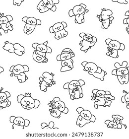 Cute kawaii koala bear. Seamless pattern. Coloring Page. Australian animals cartoon character. Hand drawn style. Vector drawing. Design ornaments.