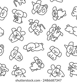 Cute kawaii koala bear. Seamless pattern. Coloring Page. Australian animals cartoon character. Hand drawn style. Vector drawing. Design ornaments.