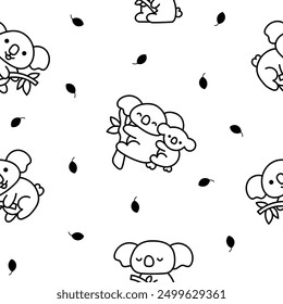 Cute kawaii koala bear. Seamless pattern. Coloring Page. Australian animals cartoon character. Hand drawn style. Vector drawing. Design ornaments.