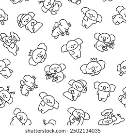 Cute kawaii koala bear. Seamless pattern. Coloring Page. Australian animals cartoon character. Hand drawn style. Vector drawing. Design ornaments.