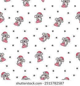 Cute kawaii koala bear. Seamless pattern. Australian animals cartoon character. Hand drawn style. Vector drawing. Design ornaments.