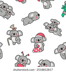 Cute kawaii koala bear. Seamless pattern. Australian animals cartoon character. Hand drawn style. Vector drawing. Design ornaments.