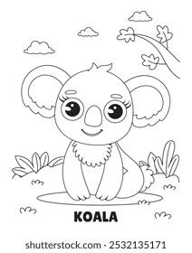 Lindo Koala Kawaii en una hermosa escena natural, perfecto para páginas para colorear para niños