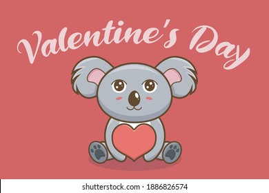 Cute Kawaii Koala Character Holding Love. Vector Illustration Concept with Text Happy Valentine's Day