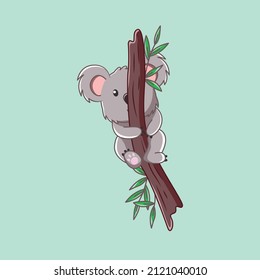 Cute kawaii koala hanging on a tree cartoon character. cartoon vector illustration