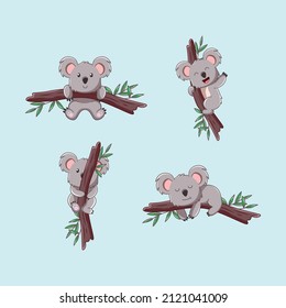 Cute kawaii koala hanging on a tree cartoon character. cartoon vector illustration