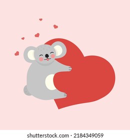 Cute kawaii koala hugging big red heart. Illustration for poster.
