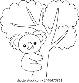 Nette kawaii koala auf dem Baum Cartoon Charakter Färbung Seite, Vektorgrafik druckbare Arbeitsblätter für die Vorschule. 