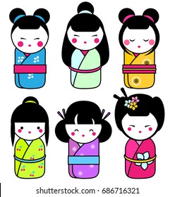 Cute kawaii kokeshi dolls stickers set. Traditional japanese dolls. hand drawn style icons. Vector illustration