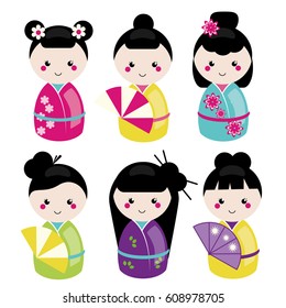 Cute kawaii kokeshi set. Traditional japanese dolls. Stickers, design elements, icons. Vector set