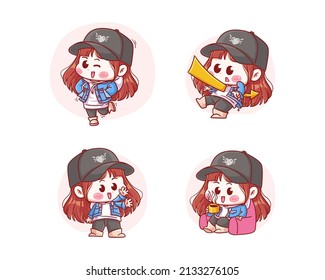 cute and kawaii korean Girl happy, Stabbed with Arrow, Wave Hi, and Drink Coffee manga chibi Illustration