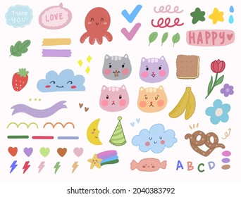 Cute kawaii korean sticker set with cat doodle art for bullet journal notes element