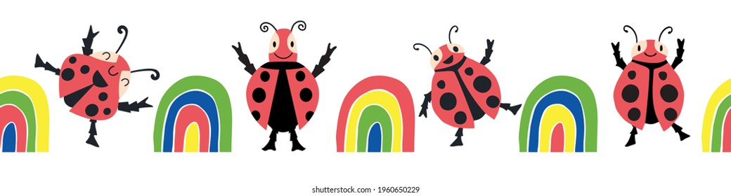 Cute kawaii ladybirds and rainbows seamless vector border background.Banner with happy dancing ladybugs in childlike graphic drawing style.Bright kids design with garden bugs.For ribbon, trim, edging
