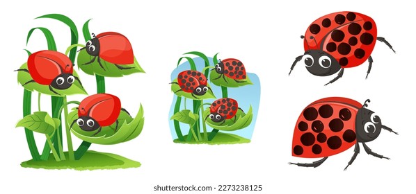 Cute kawaii ladybug sonríe. Ilustración infantil de "Ladybug" al estilo de las caricaturas.