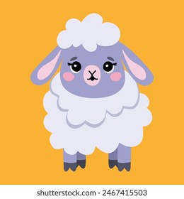 A cute kawaii lamb. Cartoon, doodle. A character, a flat vector illustration isolated on a yellow background. Postcard, poster, children's room decoration, kids tee print.