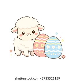 Lindo cordero kawaii con huevos de Pascua - ilustración de primavera adorable, huevos decorativos pastel, Vector plano, sin gradiente, diseño de dibujos animados de Pascua Festiva