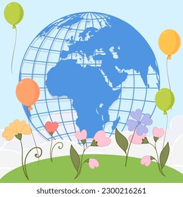 Cute kawaii landscape in cartoon style with the image of the globe, balloons against the sky and meadows with flowers