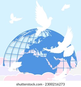 Cute kawaii landscape in cartoon style with the image of the globe on the background of the sky with clouds and silhouettes of white flying doves