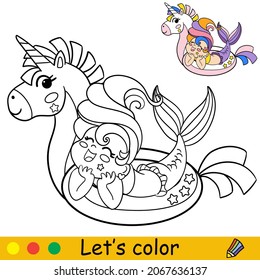 Cute kawaii laughing mermaid in inflatable circle unicorn. Coloring page and colorful template for kids education. Vector illustration. For design, t shirt print, icon, patch or sticker.