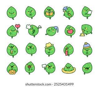 Folha de kawaii bonito. Personagem amigável de desenho animado. Estilo desenhado à mão. Desenho vetorial. Coleção de elementos de design.