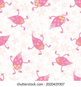 Cute kawaii leaf pink seamless vector pattern background. Happy pink laughing dancing cartoon leaves on floral textured white backdrop. Hand drawn motifs in scattered design. Repeat for baby
