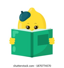 Cute kawaii lemon with beret reading book in doodle style with shadows. Isolated colored funny fruit cartoon vector illustration