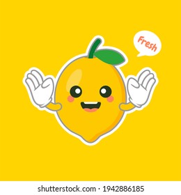 cute and kawaii lemon cartoon character in flat style. fresh lemon fruits on summer season. Funny lemon character logo. can be used in restaurant menu, cooking books and organic farm label