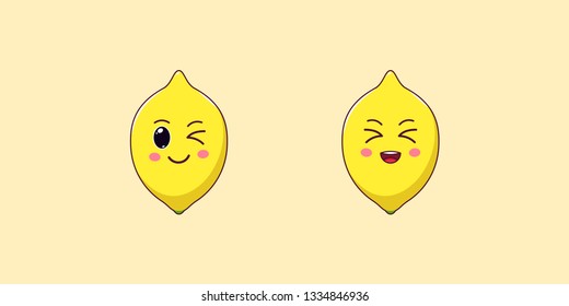 Cute Kawaii Lemon, Cartoon Citrus Fruit. Vector illustration of Cartoon Yellow Lemon with Winking and Laughing Face, Funny Emoji. Juicy Tropical Sticker. Print for T-shirt. Friendly Character