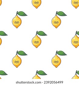 Carácter lindo Kawaii Lemon con gafas sin costura. Ilustración dibujada a mano por vectores. Carácter limón al estilo doodle. Aislado sobre fondo blanco. Tejido de caracter de limón nerd tímido, textil.