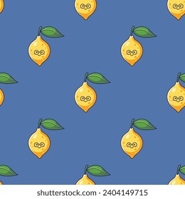 Carácter lindo Kawaii Lemon con gafas sin costura. Ilustración dibujada a mano por vectores. Carácter limón al estilo doodle. Patrón sobre fondo azul. Tejido de caracter de limón nerd tímido, textil.