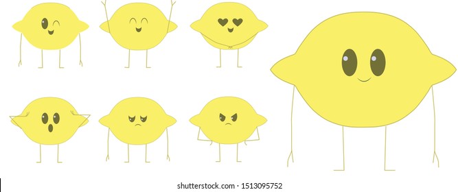 Cute Kawaii lemon, different expressions. fruit lemon-Vector
