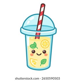 Cute kawaii lemonade in a plastic to-go cup. A happy character with lemon slices and mint leaves. Vector illustration of a refreshing summer citrus drink, isolated on a white background.