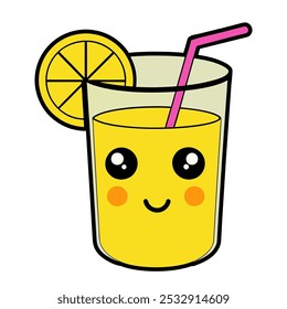 Cute kawaii lemonade with straw in glass. Chibi character with funny eyes