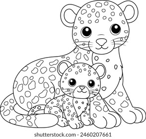 Cute kawaii leopard and baby cartoon character coloring page vector illustration. Wild animal, mothers day colouring page for kids