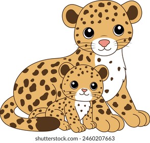 Cute kawaii leopard and baby cartoon character vector illustration. Wild animal, mothers day clip art