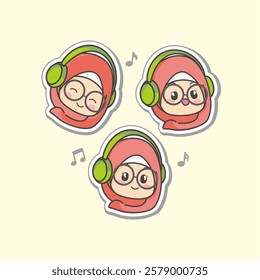 Cute and kawaii Light Red Pink Hijab Girl Listening music on Headset earphone Pose, Chibi Illustration