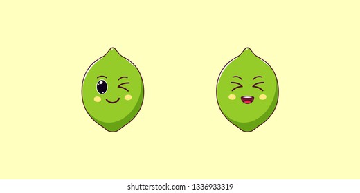 Cute Kawaii Lime, Cartoon Ripe Fruit. Vector illustration of Cartoon Green Lime with Winking and Laughing Face, Funny Emoji. Juicy Citrus Sticker. Print for T-shirt. Friendly Character
