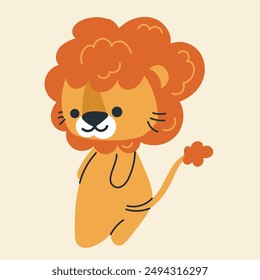 Cute kawaii lion in cartoon, flat, doodle, simple style. Design element for posters, postcards, greeting cards, wallpapers, children's clothes, fabrics, t-shirts, logos