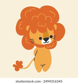 Lindo león kawaii en dibujos animados, plano, garabato, estilo simple. Elemento de diseño para carteles, postales, tarjetas de felicitación, Fondos de pantalla, ropa infantil, telas, camisetas, logotipos