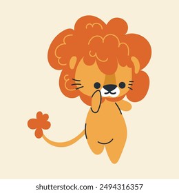 Cute kawaii lion in cartoon, flat, doodle, simple style. Design element for posters, postcards, greeting cards, wallpapers, children's clothes, fabrics, t-shirts, logos