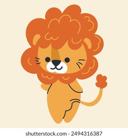 Cute kawaii lion in cartoon, flat, doodle, simple style. Design element for posters, postcards, greeting cards, wallpapers, children's clothes, fabrics, t-shirts, logos