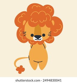 Cute kawaii lion in cartoon, flat, doodle, simple style. Design element for posters, postcards, greeting cards, wallpapers, children's clothes, fabrics, t-shirts, logos