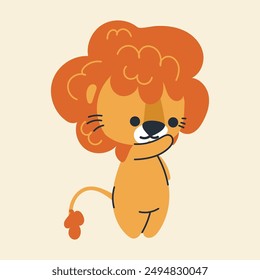 Cute kawaii lion in cartoon, flat, doodle, simple style. Design element for posters, postcards, greeting cards, wallpapers, children's clothes, fabrics, t-shirts, logos