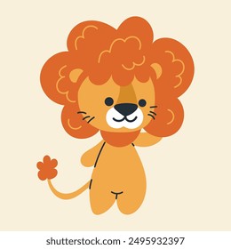 Cute kawaii lion in cartoon, flat, doodle, simple style. Design element for posters, postcards, greeting cards, wallpapers, children's clothes, fabrics, t-shirts, logos