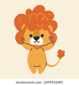 Cute kawaii lion in cartoon, flat, doodle, simple style. Design element for posters, postcards, greeting cards, wallpapers, children's clothes, fabrics, t-shirts, logos